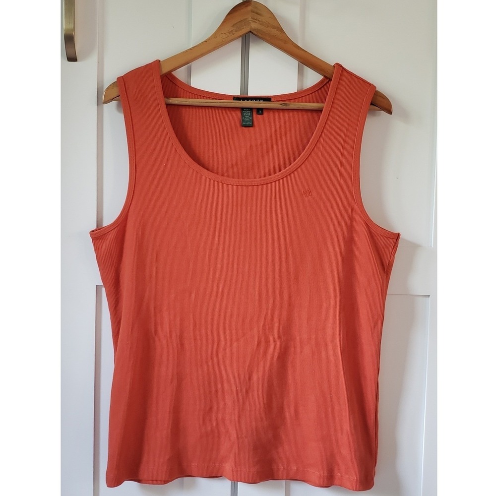 Ralph Lauren Tank Top Womens 1X Orange Ribbed Sleeveless Scoop Neck Made in USA